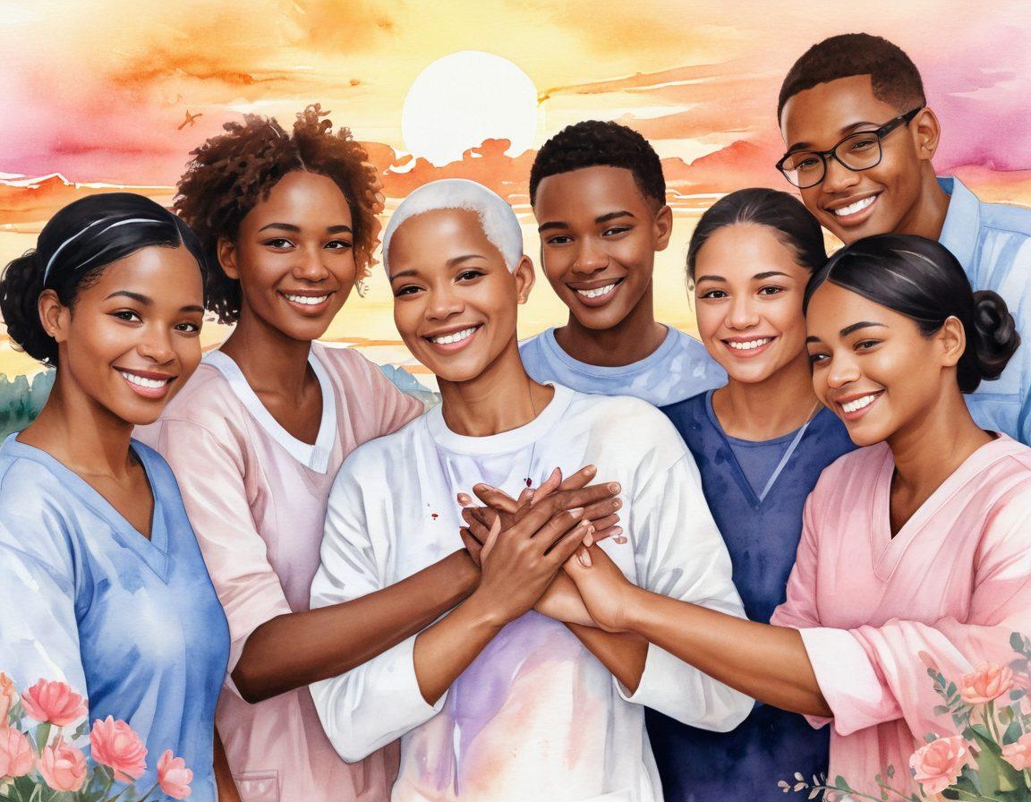 A serene scene depicting a diverse group of individuals supporting a cancer patient, one gently holding their hand, another offering a comforting smile, surrounded by symbols of hope like ribbons and flowers. The background features a soft sunset, symbolizing hope and healing. The atmosphere is warm and inviting, emphasizing compassion and community support. watercolor style. soft colors. warm lighting.