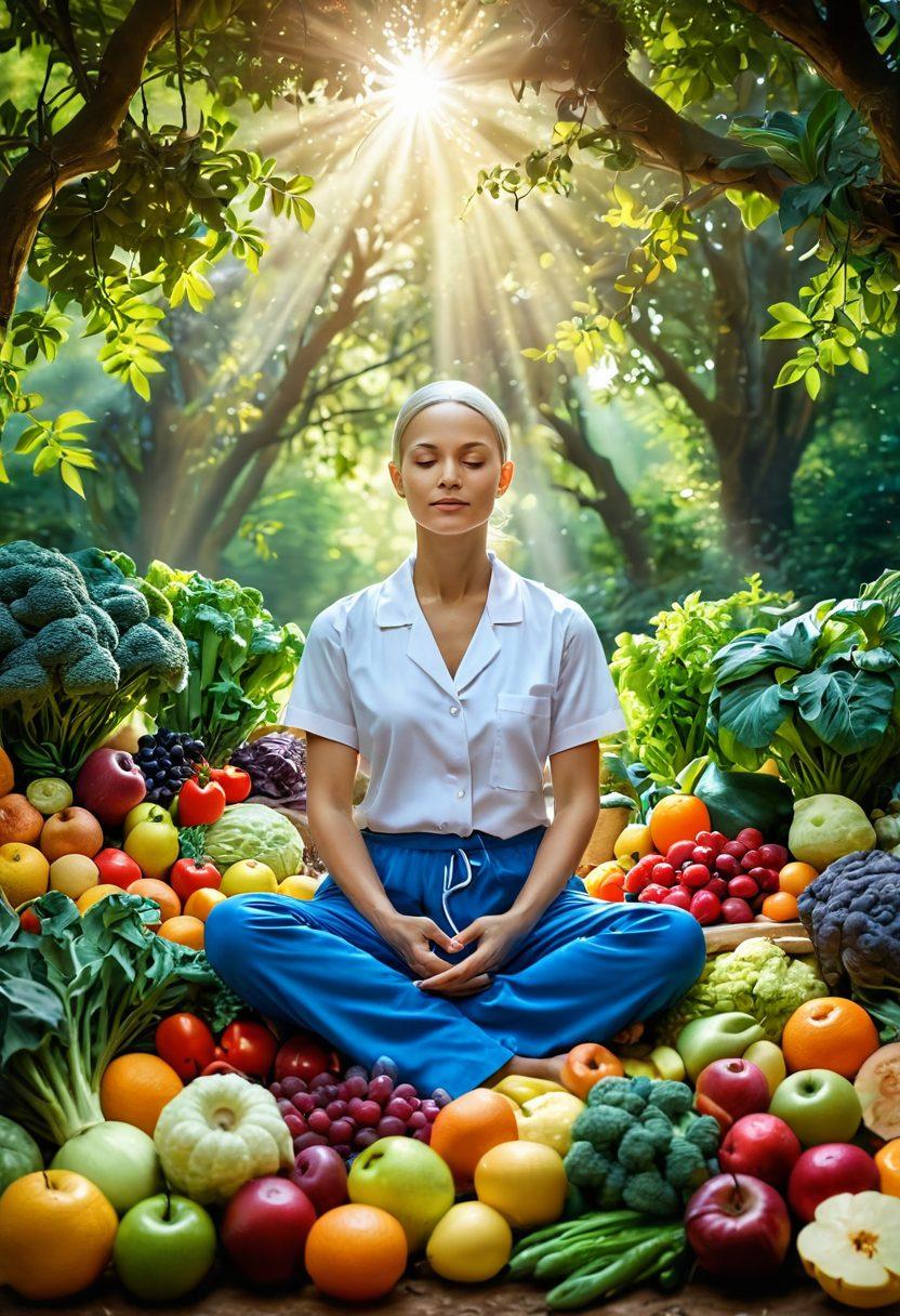 A serene scene depicting a cancer survivor surrounded by vibrant fruits and vegetables, engaged in a peaceful meditation amidst nature. Soft sunlight filters through lush trees, symbolizing hope and vitality, with subtle hints of medical imagery like a stethoscope adorned with greenery. The overall atmosphere conveys harmony between nutrition and well-being. super-realistic. vibrant colors. calming tones.